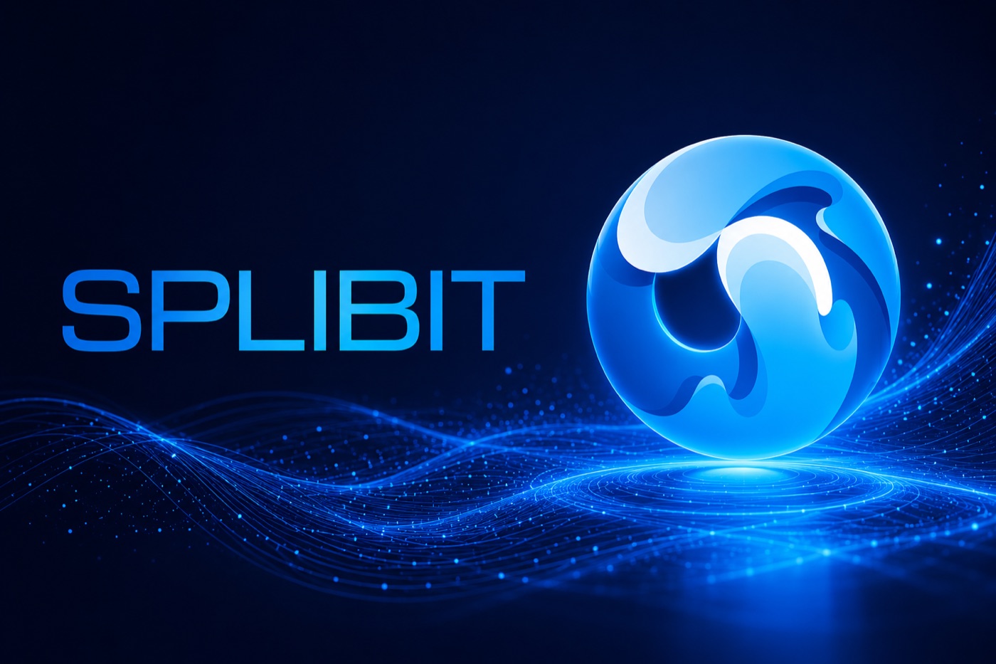 Splibit — blue orb logo on a field of flowing light waves